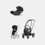 Carucior 2 in 1 Cadru Carucior pentru Copii Priam Chrome Brown + Parte Sport Carucior Priam Sepia Black + Scoică Auto pentru Copii Cloud T i-Size Comfort Sephia Black Cybex Platinum