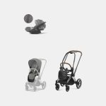 Carucior 2 in 1 Cadru Carucior pentru Copii Priam Chrome Brown + Parte Sport Carucior Priam Mirage Grey + Scoică Auto pentru Copii Cloud T i-Size Plus Mirage Grey Cybex Platinum