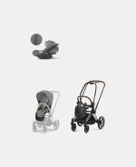 Carucior 2 in 1 Cadru Carucior pentru Copii Priam Chrome Brown + Parte Sport Carucior Priam Mirage Grey + Scoică Auto pentru Copii Cloud T i-Size Plus Mirage Grey Cybex Platinum