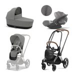 Carucior 3 in 1 Cadru Carucior pentru Copii Priam Chrome Brown + Parte Sport Carucior Priam Mirage Grey + Landou PRIAM Lux Mirage Grey + Scoică Auto pentru Copii Cloud T i-Size Plus Mirage Grey Cybex Platinum