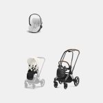 Carucior 2 in 1 Cadru Carucior pentru Copii Priam Chrome Brown + Parte Sport Carucior Priam Off White Cybex Platinum + Scoică Auto pentru Copii Cloud T i-Size Plus Platinum White Cybex Platinum