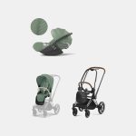 Carucior 2 in 1 : Cadru Carucior pentru Copii Priam Chrome Brown + Parte Sport Carucior Priam Leaf Green + Scoică Auto pentru Copii Cloud T i-Size Plus Leaf Green Cybex Platinum
