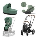 Carucior 3 in 1 Cadru Carucior pentru Copii Priam Chrome Brown + Parte Sport Carucior Priam Leaf Green + Landou PRIAM Lux Leaf Green + Scoică Auto pentru Copii Cloud T i-Size Plus Leaf Green Cybex Platinum
