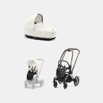Carucior 2 in 1 Cadru Carucior pentru Copii Priam Chrome Brown + Landou PRIAM Lux Off White + Parte Sport Carucior Priam Off White Cybex Platinum