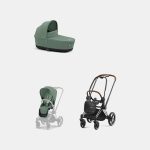 Carucior 2 in 1 Cadru Carucior pentru Copii Priam Chrome Brown + Landou PRIAM Lux Leaf Green + Parte Sport Carucior Priam Leaf Green Cybex Platinum