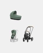 Carucior 2 in 1 Cadru Carucior pentru Copii Priam Chrome Brown + Landou PRIAM Lux Leaf Green + Parte Sport Carucior Priam Leaf Green Cybex Platinum