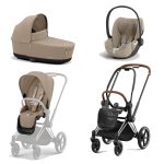 Carucior 3 in 1 Cadru Carucior pentru Copii Priam Chrome Brown + Parte Sport Carucior Priam Cozy Beige + Landou PRIAM Lux Cozy Beige + Scoică Auto pentru Copii Cloud T i-Size Plus Cozy Beige Cybex Platinum