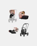 Carucior 3 in 1 Landou Priam Lux pentru căruciorul Priam Fashion Collections Spring Blossom Light + Cadru Carucior pentru Copii Priam Chrome Black + Scoica Auto CLOUD T I-SIZE Spring Blossom Light | light beige + Parte Sport Carucior Priam Fashion Collections Spring Blossom Light Beige Cybex Fashion