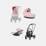 Carucior 3 in 1 Landou Priam Lux pentru căruciorul Priam Fashion Collections Pale Blush + Cadru Carucior pentru Copii Priam Chrome Black + Scoica Auto CLOUD T I-SIZE SIMPLY FLOWERS PINK | light pink + Parte Sport Carucior Priam Fashion Collections Light Pink Cybex Fashion