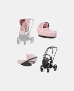 Carucior 3 in 1 Landou Priam Lux pentru căruciorul Priam Fashion Collections Pale Blush + Cadru Carucior pentru Copii Priam Chrome Black + Scoica Auto CLOUD T I-SIZE SIMPLY FLOWERS PINK | light pink + Parte Sport Carucior Priam Fashion Collections Light Pink Cybex Fashion