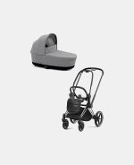 Carucior Nou Nascut Priam: Cadru Carucior pentru Copii Priam Chrome Black + Landou PRIAM Lux Manhattan Grey Plus Cybex Platinum
