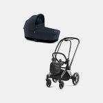 Carucior Nou Nascut Priam: Cadru Carucior pentru Copii Priam Chrome Black + Landou PRIAM Lux Midnight Blue Plus Cybex Platinum