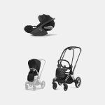 Carucior 2 in 1 Cadru Carucior pentru Copii Priam Chrome Black + Parte Sport Carucior Priam Sepia Black + Scoică Auto pentru Copii Cloud T i-Size Comfort Sephia Black Cybex Platinum
