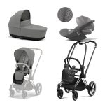 Carucior 3 in 1 Cadru Carucior pentru Copii Priam Chrome Black + Parte Sport Carucior Priam Mirage Grey + Landou PRIAM Lux Mirage Grey + Scoică Auto pentru Copii Cloud T i-Size Plus Mirage Grey Cybex Platinum