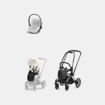 Carucior 2 in 1 Cadru Carucior pentru Copii Priam Chrome Black + Parte Sport Carucior Priam Off White + Scoică Auto pentru Copii Cloud T i-Size Plus Platinum White Cybex Platinum