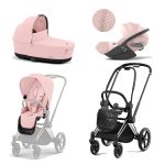 Carucior 3 in 1 Cadru Carucior pentru Copii Priam Chrome Black + Parte Sport Carucior Priam Peach Pink + Landou PRIAM Lux Peach Pink + Scoică Auto pentru Copii Cloud T i-Size Plus Peach Pink Cybex Platinum