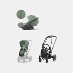 Carucior 2 in 1 : Cadru Carucior pentru Copii Priam Chrome Black + Parte Sport Carucior Priam Leaf Green + Scoică Auto pentru Copii Cloud T i-Size Plus Leaf Green Cybex Platinum