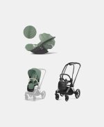Carucior 2 in 1 : Cadru Carucior pentru Copii Priam Chrome Black + Parte Sport Carucior Priam Leaf Green + Scoică Auto pentru Copii Cloud T i-Size Plus Leaf Green Cybex Platinum