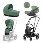 Carucior 3 in 1 Cadru Carucior pentru Copii Priam Chrome Black + Parte Sport Carucior Priam Leaf Green + Landou PRIAM Lux Leaf Green + Scoică Auto pentru Copii Cloud T i-Size Plus Leaf Green Cybex Platinum
