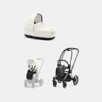 Carucior 2 in 1 Cadru Carucior pentru Copii Priam Chrome Black + Landou PRIAM Lux Off White + Parte Sport Carucior Priam Off White Cybex Platinum