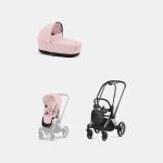 Carucior 2 in 1 Cadru Carucior pentru Copii Priam Chrome Black + Landou PRIAM Lux Peach Pink + Parte Sport Carucior Priam Peach Pink Cybex Platinum