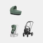 Carucior 2 in 1 Cadru Carucior pentru Copii Priam Chrome Black + Landou PRIAM Lux Leaf Green + Parte Sport Carucior Priam Leaf Green Cybex Platinum