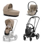 Carucior 3 in 1 Cadru Carucior pentru Copii Priam Chrome Black + Parte Sport Carucior Priam Cozy Beige + Landou PRIAM Lux Cozy Beige + Scoică Auto pentru Copii Cloud T i-Size Plus Cozy Beige Cybex Platinum