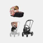 Carucior 2 in 1 Landou Priam Lux pentru căruciorul Priam Fashion Collections Spring Blossom Light + Cadru Carucior pentru Copii Priam Matt Black + Parte Sport Carucior Priam Fashion Collections Spring Blossom Light Beige Cybex Fashion