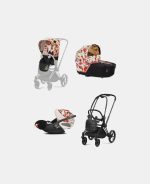 Carucior 3 in 1 Landou Priam Lux pentru căruciorul Priam Fashion Collections Spring Blossom Light + Cadru Carucior pentru Copii Priam Matt Black + Scoica Auto CLOUD T I-SIZE Spring Blossom Light | light beige + Parte Sport Carucior Priam Fashion Collections Spring Blossom Light Beige Cybex Fashion