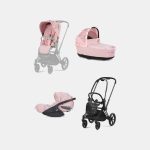 Carucior 3 in 1 Landou Priam Lux pentru căruciorul Priam Fashion Collections Pale Blush + Cadru Carucior pentru Copii Priam Matt Black + Scoica Auto CLOUD T I-SIZE SIMPLY FLOWERS PINK | light pink + Parte Sport Carucior Priam Fashion Collections Light Pink Cybex Fashion