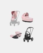 Carucior 3 in 1 Landou Priam Lux pentru căruciorul Priam Fashion Collections Pale Blush + Cadru Carucior pentru Copii Priam Matt Black + Scoica Auto CLOUD T I-SIZE SIMPLY FLOWERS PINK | light pink + Parte Sport Carucior Priam Fashion Collections Light Pink Cybex Fashion