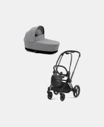 Carucior Nou Nascut Priam: Cadru Carucior pentru Copii Priam Matt Black + Landou PRIAM Lux Manhattan Grey Plus Cybex Platinum