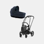 Carucior Nou Nascut Priam: Cadru Carucior pentru Copii Priam Matt Black + Landou PRIAM Lux Midnight Blue Plus Cybex Platinum
