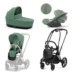 Carucior 3 in 1 Cadru Carucior pentru Copii Priam Matt Black + Parte Sport Carucior Priam Leaf Green + Landou PRIAM Lux Leaf Green + Scoică Auto pentru Copii Cloud T i-Size Plus Leaf Green Cybex Platinum