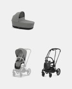Carucior 2 in 1 Cadru Carucior pentru Copii Priam Matt Black + Landou PRIAM Lux Mirage Grey + Parte Sport Carucior Priam Mirage Grey Cybex Platinum - imagine 2