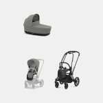 Carucior 2 in 1 Cadru Carucior pentru Copii Priam Matt Black + Landou PRIAM Lux Mirage Grey + Parte Sport Carucior Priam Mirage Grey Cybex Platinum
