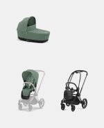 Carucior 2 in 1 Cadru Carucior pentru Copii Priam Matt Black + Landou PRIAM Lux Leaf Green + Parte Sport Carucior Priam Leaf Green Cybex Platinum - imagine 2