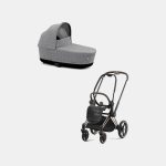 Carucior Nou Nascut Priam: Cadru Carucior pentru Copii Priam Rosegold + Landou PRIAM Lux Manhattan Grey Plus Cybex Platinum