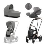 Carucior 3 in 1 Cadru Carucior pentru Copii Priam Rosegold + Parte Sport Carucior Priam Mirage Grey + Landou PRIAM Lux Mirage Grey + Scoică Auto pentru Copii Cloud T i-Size Plus Mirage Grey Cybex Platinum