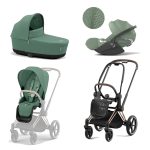 Carucior 3 in 1 Cadru Carucior pentru Copii Priam Rosegold + Parte Sport Carucior Priam Leaf Green + Landou PRIAM Lux Leaf Green + Scoică Auto pentru Copii Cloud T i-Size Plus Leaf Green Cybex Platinum