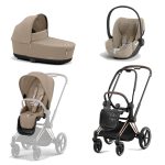 Carucior 3 in 1 Cadru Carucior pentru Copii Priam Rosegold + Parte Sport Carucior Priam Cozy Beige + Landou PRIAM Lux Cozy Beige + Scoică Auto pentru Copii Cloud T i-Size Plus Cozy Beige Cybex Platinum
