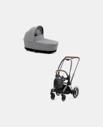 Carucior Nou Nascut Electric E-Priam: Cadru Cărucior pentru Copii e-Priam Chrome Brown + Landou PRIAM Lux Manhattan Grey Plus Cybex Platinum