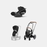 Carucior 2 in 1 Cadru Cărucior pentru Copii e-Priam Chrome Brown + Parte Sport Carucior Priam Sepia Black + Scoică Auto pentru Copii Cloud T i-Size Comfort Sephia Black Cybex Platinum Cybex Platinum