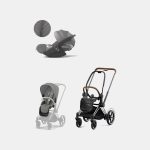 Carucior 2 in 1 Cadru Cărucior pentru Copii e-Priam Chrome Brown + Parte Sport Carucior Priam Mirage Grey + Scoică Auto pentru Copii Cloud T i-Size Plus Mirage Grey Cybex Platinum Cybex Platinum