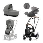 Carucior 3 in 1 Cadru Cărucior pentru Copii e-Priam Chrome Brown + Parte Sport Carucior Priam Mirage Grey + Landou PRIAM Lux Mirage Grey + Scoică Auto pentru Copii Cloud T i-Size Plus Mirage Grey Cybex Platinum