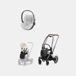Carucior 2 in 1 Cadru Cărucior pentru Copii e-Priam Chrome Brown + Parte Sport Carucior Priam Off White + Scoică Auto pentru Copii Cloud T i-Size Plus Platinum White Cybex Platinum Cybex Platinum