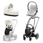 Carucior 3 in 1 Cadru Cărucior pentru Copii e-Priam Chrome Brown + Parte Sport Carucior Priam Off White + Landou PRIAM Lux Off White + Scoică Auto pentru Copii Cloud T i-Size Plus White Cybex Platinum