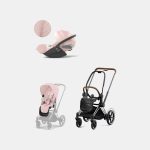 Carucior 2 in 1 Cadru Cărucior pentru Copii e-Priam Chrome Brown + Parte Sport Carucior Priam Peach Pink +Scoică Auto pentru Copii Cloud T i-Size Plus Peach Pink Cybex Platinum Cybex Platinum
