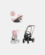 Carucior 2 in 1 Cadru Cărucior pentru Copii e-Priam Chrome Brown + Parte Sport Carucior Priam Peach Pink +Scoică Auto pentru Copii Cloud T i-Size Plus Peach Pink Cybex Platinum Cybex Platinum