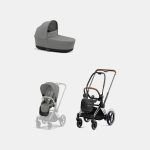 Carucior 2 in 1 Cadru Cărucior pentru Copii e-Priam Chrome Brown + Landou PRIAM Lux Mirage Grey + Parte Sport Carucior Priam Mirage Grey Cybex Platinum